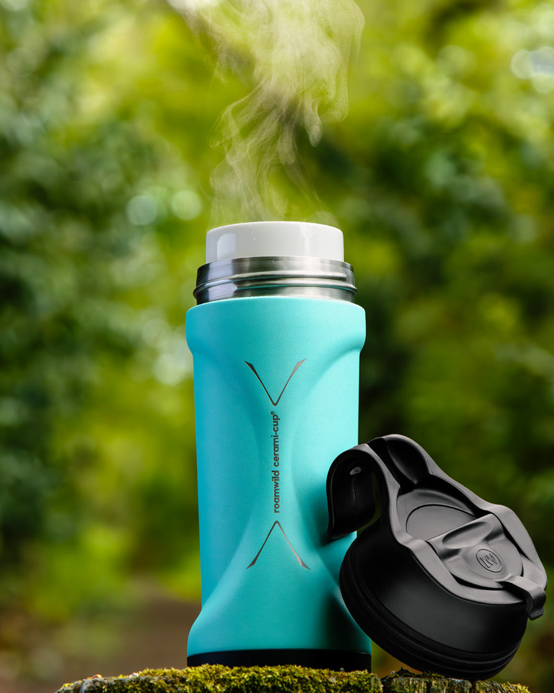 Roamwild Cerami Cup in teal steaming, forest greens