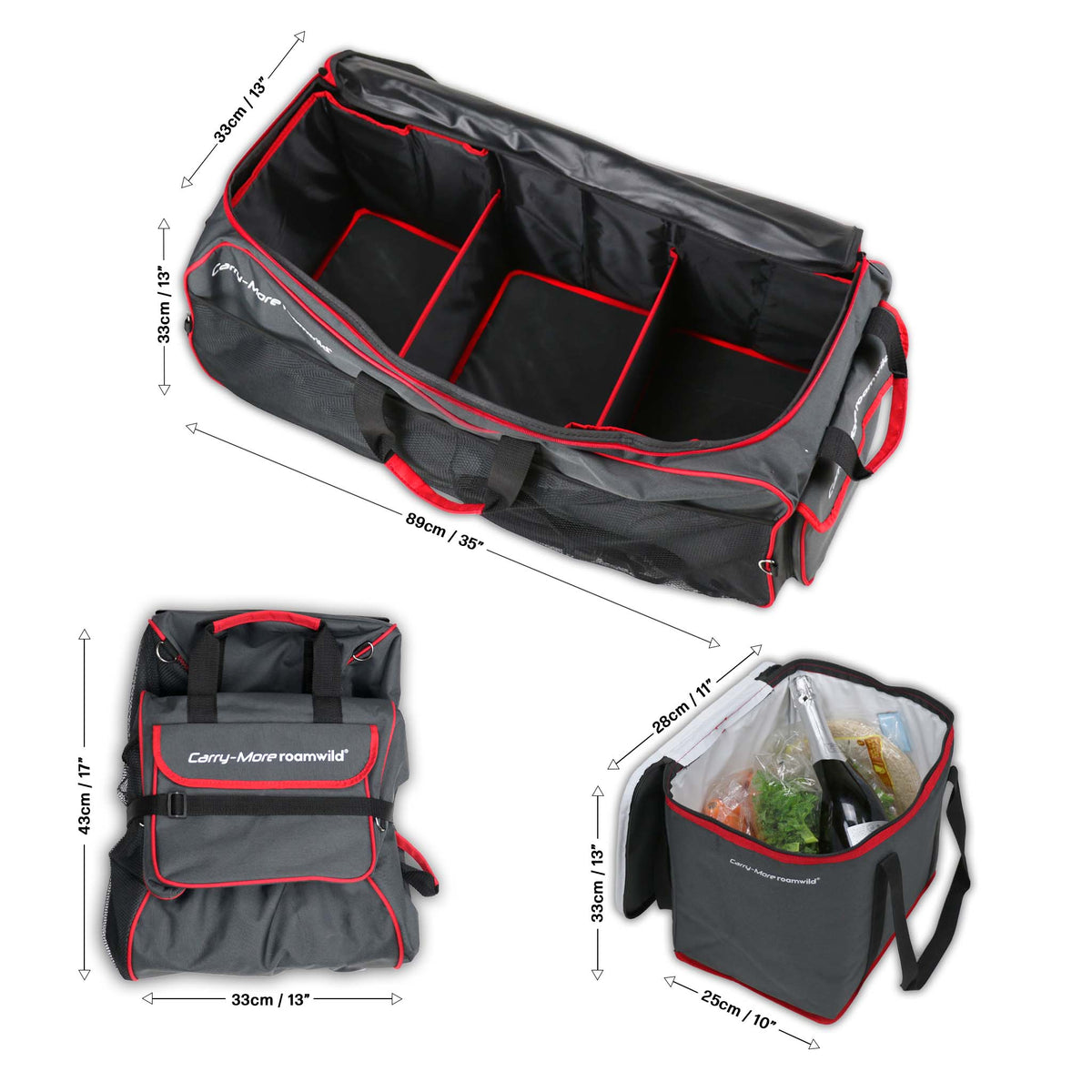 Carry-More dimensions: 89 x 33 x 33cm open, 43 x 33cm folded, with the 24 litre cool bag
