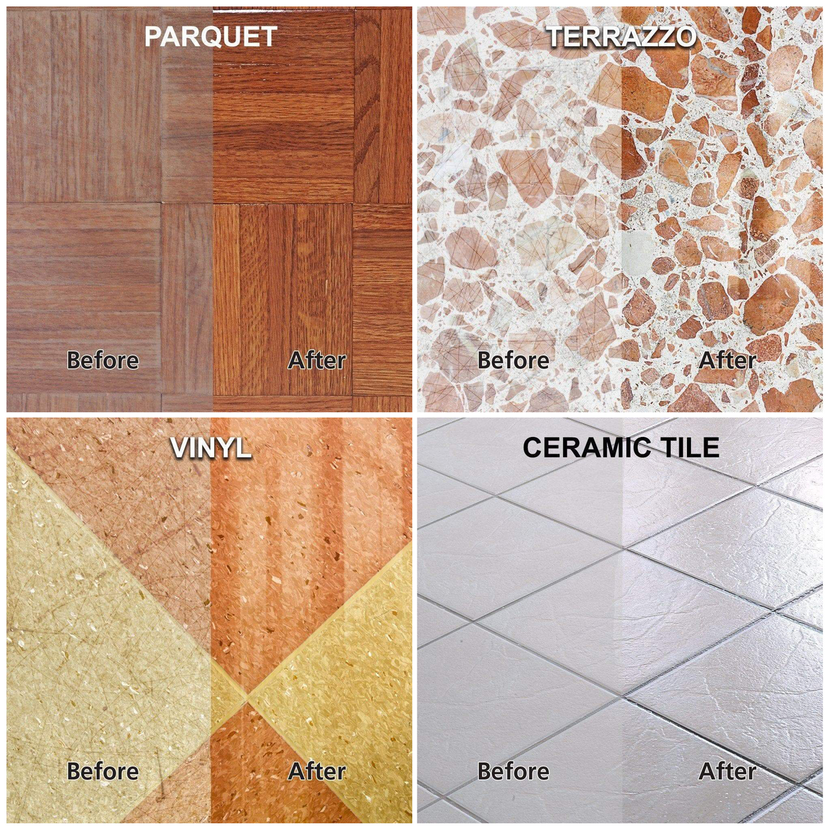Before and after results on parquet, terrazzo, vinyl and ceramic tile floors